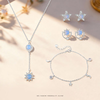 Élégant ensemble de bijoux en argent sterling S925 plaqué platine avec opale, motif étoile et lune, comprenant collier, boucles d'oreilles et bracelet, pour femme, vente en gros