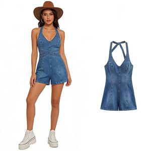 Mono corto vaquero retro informal con cuello halter, nueva moda de verano para mujer - Product Image 1