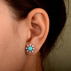 Minimalist 14K Gold Silver <b>Stud</b> <b>Earrings</b> Natural Arizona <b>Turquoise</b> Gemstone Diamond Snowflake Fine Christmas Jewelry Gift Her - Product Image 2