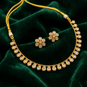 Indian Traditional Kundan Meenakari Copper Base Necklace Set Gold Plated Green Enamel Teardrop Choker with Floral <b>Stud</b> <b>Earrings</b> - Product Image 3