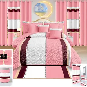 बिस्तर सेट के साथ मिलान पर्दे सूती कपड़े थोक 6pcs पर्दे और तकिया के साथ रानी आकार बिस्तर शीट सेट