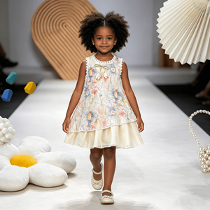 Abito da ragazza con stampa floreale e finiture in pizzo, senza maniche, con fiocco, decorazione a tulipano, doppio strato, casual, <span class=keywords><strong>per</strong></span> le vacanze estive - Product Image 2