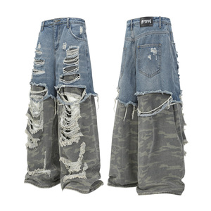 Venta al por mayor Otoño Streetwear Heavyweight False Two Layer Washed Jeans de pierna ancha para hombres - Product Image 5