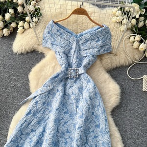 Robe d'été pour femme de qualité supérieure, à manches bouffantes, taille haute, coupe trapèze, ajustée, imprimé floral bleu - Product Image 5