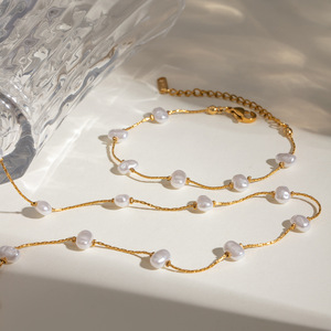 Stainless Steel 18k Gold Pearl Necklace And <b>Bracelet</b> <b>Set</b> Minimalist Baroque Style Fashion Jewelry Gift For Women - Product Image 4