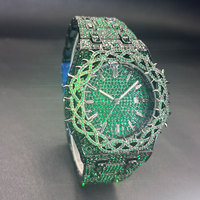 Jam Tangan Quartz Pria Model Bunga Mewah Berlian dengan Zirkon Hijau Besar, Jam Tangan Fashion Hip Hop Terbaru