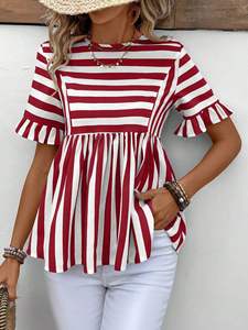 Summer Women a Line <b>Top</b> Elegant Ruffle Sleeve Striped <b>Patchwork</b> <b>Top</b> Loose Solid Short Sleeve Casual Shirt - Product Image 2