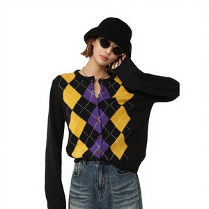 Cárdigan de Punto con Diseño de Rombo en Contraste, Estilo Casual y Moderno para <span class=keywords><strong>Mujer</strong></span>, con Estampado Floral Invernal - Product Image 1