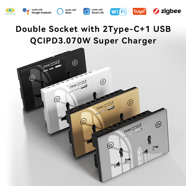 2026 Golden Security Fast Charger 70W Smart Double Wall Socket with Type-C and USB Charger Port Supper Fast Charge Type C Socket