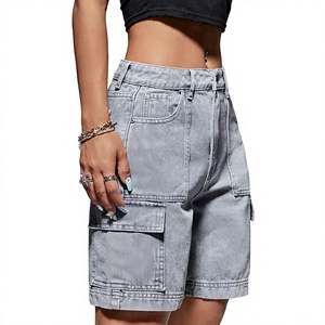Short cargo en jean délavé uni, taille mi-haute, avec fermeture boutonnée, style Bermuda pour homme, décontracté, été, streetwear - Product Image 3