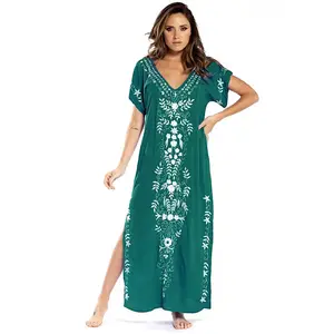 DAMOCHIC Sunscreen Shirt Long Dress Kaftan Rayon Embroidered Swim Cover Up Gown Swimsuit Summer Bikini Cover Up Beach Dress 2023