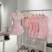 Gaun Pesta Elegan Berbahan Poliester dengan Kerah Mandarin Pink, Bordir, Berlapis, dan Model Empire Waist, Layanan OEM Vietnam