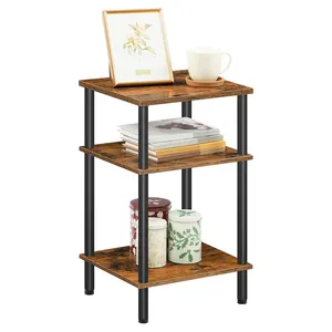 Wooden End Table 3-Layer Tall Side Table Bedroom Nightstand Industrial Small Table with Storage Shelf With Metal Frame for Home