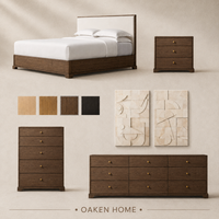 OAKEN Ensemble de meubles de chambre à coucher de luxe américains en chêne massif : Grand lit plateforme king-size, table de chevet et commode en bois