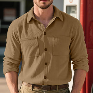 เสื้อเชิ้ตคอร์ดูรอยสีพื้นสำหรับผู้ชาย แบรนด์ Temu สไตล์ลำลองสำหรับทำงาน ผ้าไม่ยับ สไตล์ยุโรปอเมริกัน แขนยาว - Product Image 3