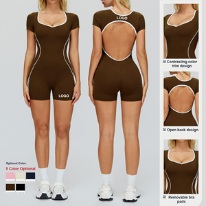 Maßgeschneidertes Yoga-Outfit mit Stoff, Farbe und Logo: Kurzer, Enger Rückenfreier Bodysuit für Damen, Fitnessstudio, Workout, Laufen und Yoga - Product Image 2