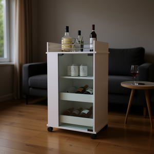 Chariot de bar blanc Willow Park avec porte en verre, porte-bouteilles, roulettes, ensemble de service de boissons, design moderne - Product Image 2