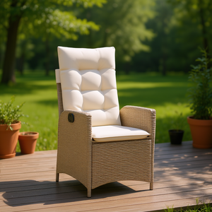 Silla Reclinable de Patio de Ratán Sintético Beige con Cojines, Silla de Jardín para Exteriores, Estilo Contemporáneo - Product Image 2