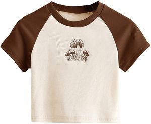 Women’s Mushroom Graphic T-Shirt – Casual Short Sleeve <b>Raglan</b> Crew Neck Crop <b>Top</b> with Contrast Brown Sleeves for Everyday Wear - Product Image 1