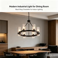 Lustre LED à 6 lumières en verre cylindrique transparent de style campagnard américain, hauteur réglable, luminaire suspendu pour salon