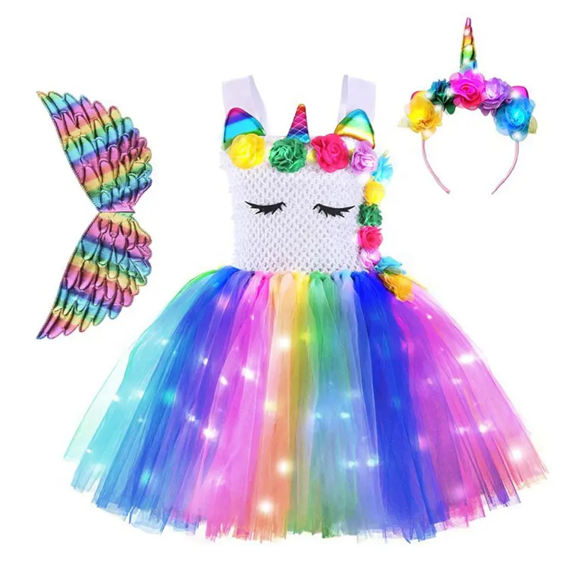 Disfraz de unicornio para niñas, tutú con luz LED, regalos de cumpleaños, vestido de princesa para fiesta de Halloween