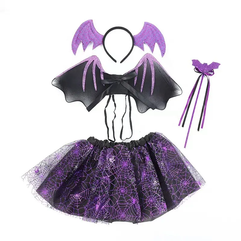 Vestido de Halloween infantil com estampa de aranha e tatuagem, fantasia de anjo e diabo roxo, varinha de fadas com bandana, 4 peças