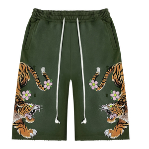 Men's High Quality Distressed Tiger Cherry Blossom Print Shorts Streetwear Casual Elastic Waist <b>Knit</b> Loose Fit Sweat Shorts - Product Image 1