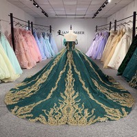 Robe de bal de Quinceañera Jancember, modèle Dy8570, luxueuse, vert émeraude, épaules dénudées, tulle brodé or antique.