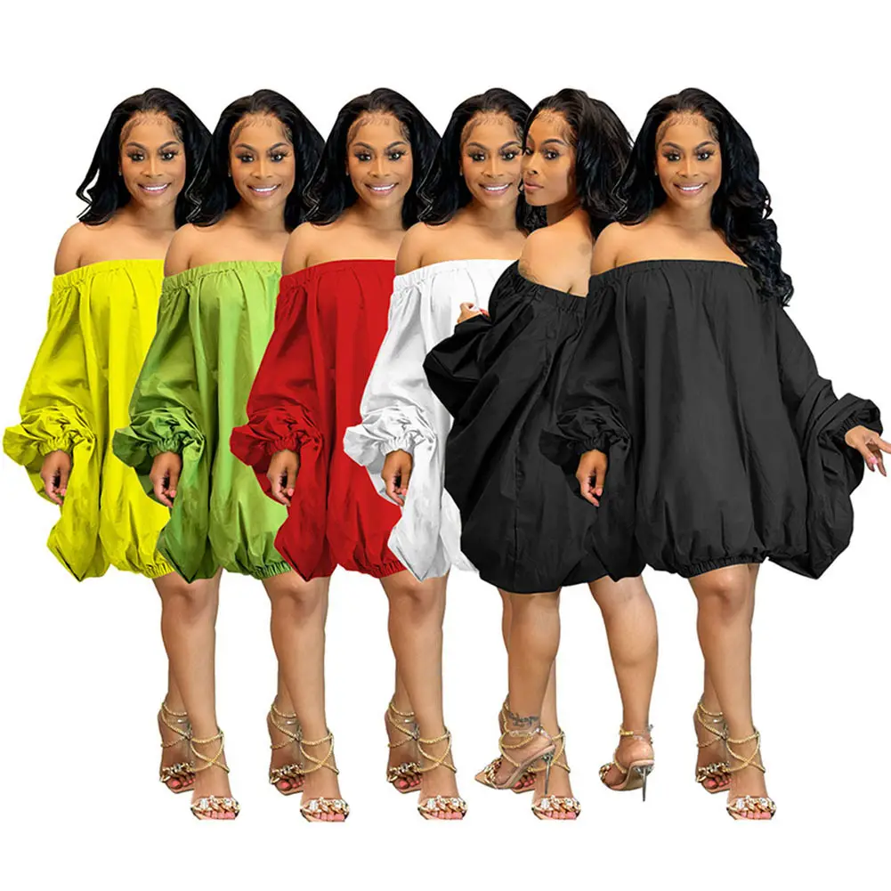 W3182 Fashion Slash Neck Woman Lantern Dress Full Sleeves Ruffles Solid Loose Casual Dresses Knee Length Gowns
