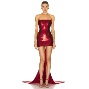 A8134 Western Style Big Bow Mini Party Prom Dress Red Sequined Backless Ladies Evening Dress