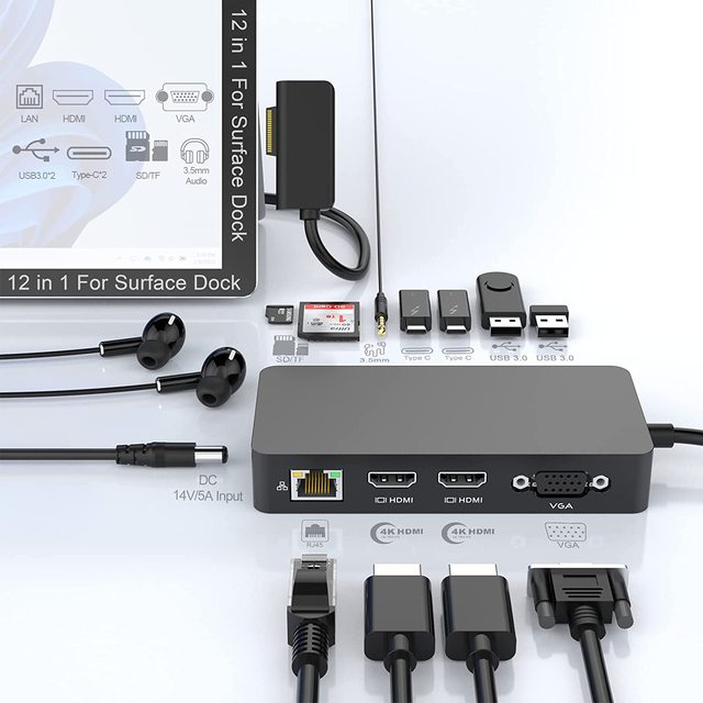 Surface Pr Accessories Docking Station Triple Display 12 in 1 Surface Dock for Pro 8 X/7/6/5/4/3 Surface Laptop 4/3/2/go