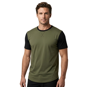 Camiseta de Manga Corta para Hombre, Color Verde Oliva, Mangas Negras, Cuello Redondo, Estilo Holgado, Informal, Tejida, Transpirable, con Logotipo Estampado en la Parte Delantera - Product Image 1