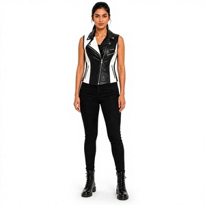Gilet de motard en cuir PU noir et blanc pour femme avec fermeture éclair, col cranté et design color block – Vêtement d'extérieur - Product Image 1
