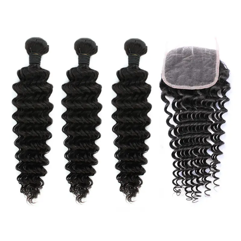Unprocessed pre plucked lace virgin women deep wave human hair grade 12a 10 a 3 for weave brazilian hair bundles with closure