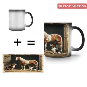 Frosted Black 11oz <b>Ceramic</b> <b>Mug</b> Heat Sensitive Cup With Horse And Dog Art Design 2D Flat Painting - Product Image 4