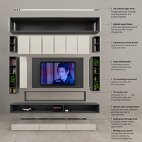 Meuble TV mural en bois blanc avec étagères ouvertes, console multimédia intégrée pour salon