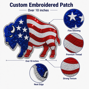Patchs à paillettes personnalisés OEM, Grand badge brodé Buffalo thermocollant, Emblème pour vêtements du 4 juillet, Logo de créateur de vêtements en gros - Product Image 2