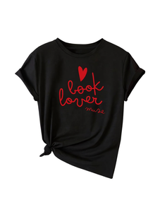 T-shirt Muse Book Lover da donna, nera, girocollo, manica corta, vestibilità ampia, dettaglio a cuore stampato, cotone, abbigliamento casual, tutte le stagioni - Product Image 1