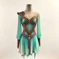 Robe de patinage artistique sur mesure vert menthe dégradé à manches longues avec strass, costume de concours de danse sur glace pour filles et femmes