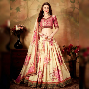 Women's Floral Print Organza Chiffon Woven Lehenga Choli Set <b>Sequins</b> Embroidered Ethnic Wedding Outfit Floor-Length - Product Image 1