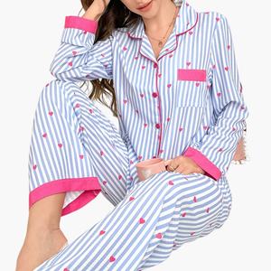 Pijamas de Algodón con Estampado de Corazones para el Día de San Valentín, Manga Larga, Suaves y Cómodos, Ropa de Dormir a Rayas, Pijamas de Bambú para Mujer - Product Image 3