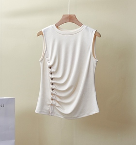 Canotte Casual da Donna con Scollo a O in Tessuto Acetato Traspirante con Bottoni Dorati - Product Image 1