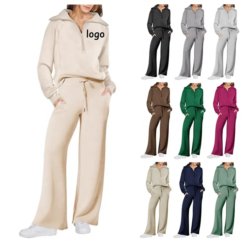 Vente en gros 2024 Ensemble 2 pièces décontracté à manches longues avec fermeture éclair pour femmes Style surdimensionné LOGO personnalisé Plus Size XXL Ensemble de pantalons à jambes larges pour femmes