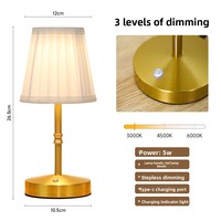 Lámpara de Mesa LED Dorada Moderna, Recargable, con Control Táctil, Pantalla de Tela Plegada, 3 CCT, Regulable, Luz de Noche para Hogar, Cafetería, Restaurante