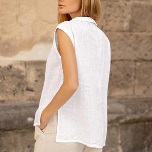 Camisa de Lino Informal a la Moda OEM, Blusa Holgada sin Mangas con Cuello y Aberturas Laterales - Product Image 5