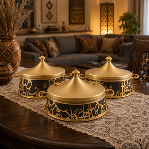 Service de plats isothermes à motif arabe doré, ensemble de 3 pièces, chauffe-plats thermique non électrique pour présentation de buffet d'hôtel de luxe - Product Image 5