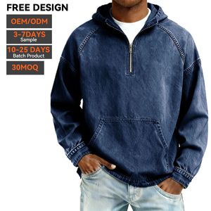 Sweat à capuche zippé en denim de coton épais OEM, bleu délavé, coupe oversize, streetwear premium, logo personnalisé, pour homme - Product Image 3