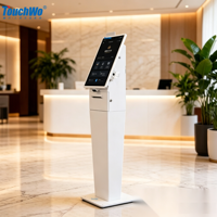 Terminal de autoservicio Android TouchWo de 21.5 pulgadas con SDK, compatible con múltiples sistemas operativos, pantalla táctil vertical, carcasa metálica, soporte de pared y base de suelo.