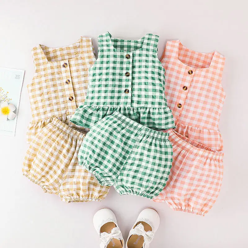 Custom Logo Kids Baby Boys Girls Clothing Gingham Vest Tops Bubble Shorts Pants Newborn Infant Toddler Clothing Sets