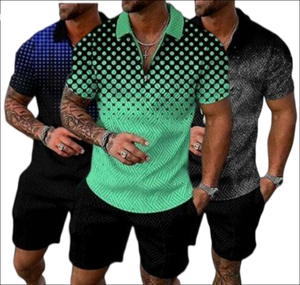 S-5XL Zomer Nieuwe Grote Omvang Mannen Casual Contrast Kleur Polo Rits Revers Shirt Korte Mouw + Shorts 2 Stuk pak - Product Image 1